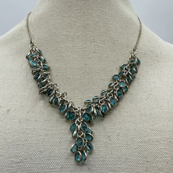 925 Sterling Silver Blue Glass Cha Cha Y Drop Necklace Boho Statement - Picture 2 of 7